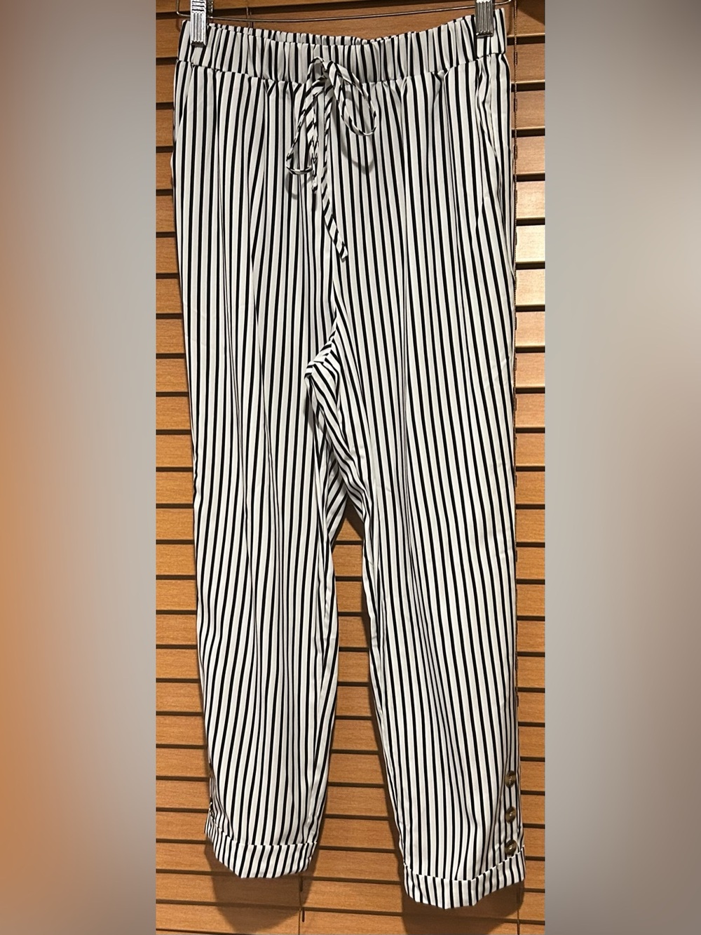 NEW SHEIN Aurora Silk Black & White Vertical Stripe Straight Drawstring Pants - Picture 5 of 9